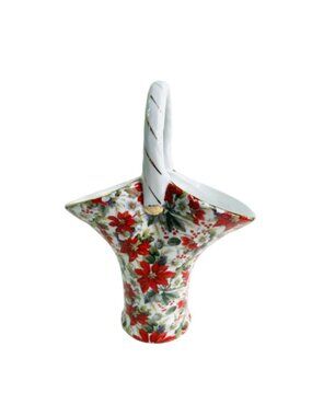 Vintage Christmas Poinsettia Basket Vase Ceramic Chintz Formalities Baum Bros 9.